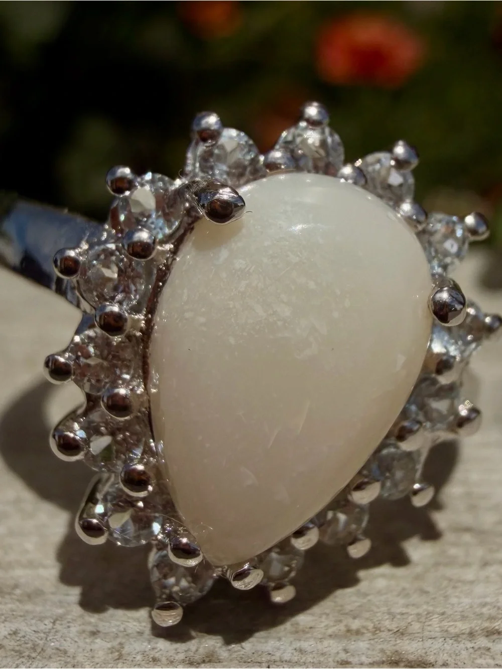 Brilliant White Opal & Blue Topaz Ring | 14K White Gold Plated|Size 8